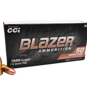 BLAZER BRASS, 9MM LUGER, 115 GRAIN, FMJ 1145 FPS, 50 ROUND BOX